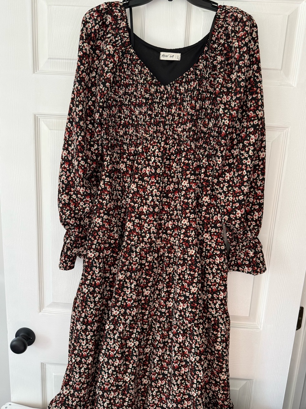 Floral Smocked Maxi Dress in Black with Red & Cream Flowers
